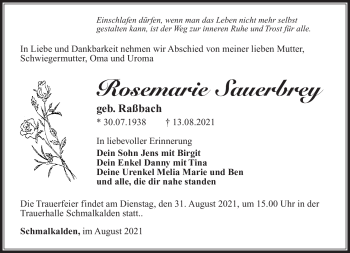 Traueranzeige von Rosemarie Sauerbrey von Südthüringer Presse