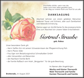 Traueranzeige von Gertrud Straube von Südthüringer Presse