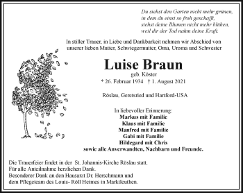 Traueranzeige von Luise Braun von Frankenpost