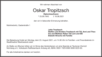 Traueranzeige von Oskar Tropitzsch von Frankenpost