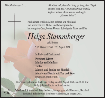 Traueranzeige von Helga Stammberger von Südthüringer Presse