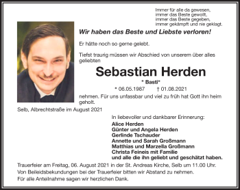 Traueranzeige von Sebastian Herden von Frankenpost