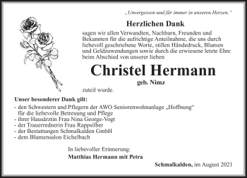 Traueranzeige von Christel Hermann von Südthüringer Presse