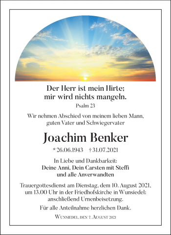 Traueranzeige von Joachim Benker von Frankenpost