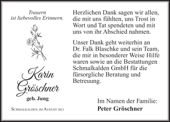 Traueranzeige von Karin Gröschner von Südthüringer Presse
