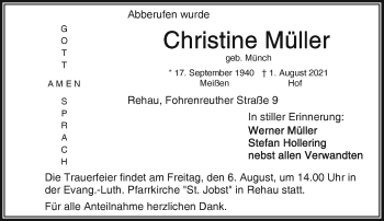 Traueranzeige von Christine Müller von Frankenpost