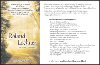 Traueranzeige von Roland Lochner von Südthüringer Presse