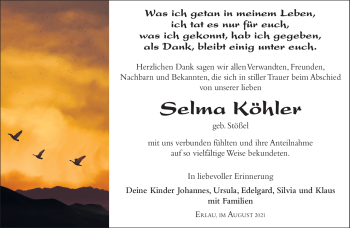 Traueranzeige von Selma Köhler von Südthüringer Presse