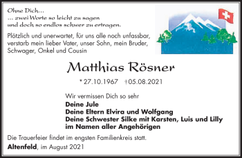 Traueranzeige von Matthias Rösner von Südthüringer Presse