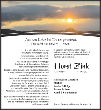 Traueranzeige von Horst Zink von Südthüringer Presse