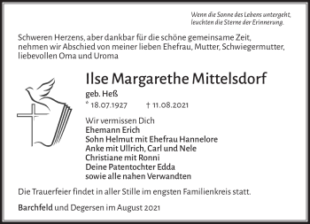 Traueranzeige von Ilse Margarethe Mittelsdorf von Südthüringer Presse