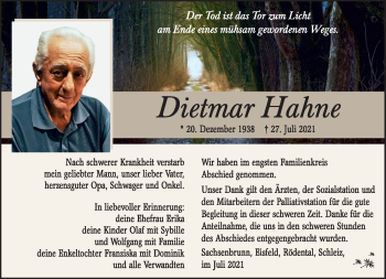 Traueranzeige von Dietmar Hahne von Südthüringer Presse