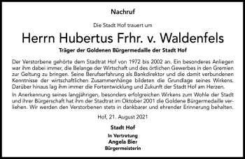 Traueranzeige von Hubertus Frhr. v. Waldenfels von Frankenpost