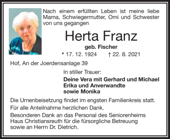Traueranzeige von Herta Franz von Frankenpost
