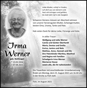 Traueranzeige von Irma Werner von Südthüringer Presse