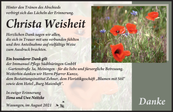 Traueranzeige von Christa Weisheit von Südthüringer Presse