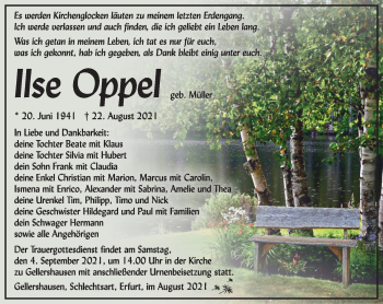 Traueranzeige von Ilse Oppel von Südthüringer Presse