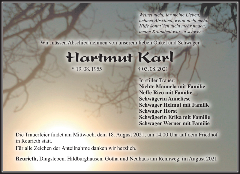  Traueranzeige für Hartmut Karl vom 14.08.2021 aus Südthüringer Presse