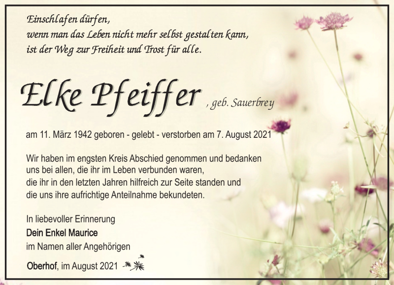  Traueranzeige für Elke Pfeiffer vom 18.08.2021 aus Südthüringer Presse