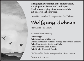 Traueranzeige von Wolfgang Johren von Südthüringer Presse