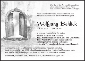 Traueranzeige von Wolfgang Behlick von Südthüringer Presse