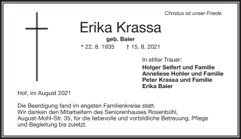 Traueranzeige von Erika Krassa von Frankenpost