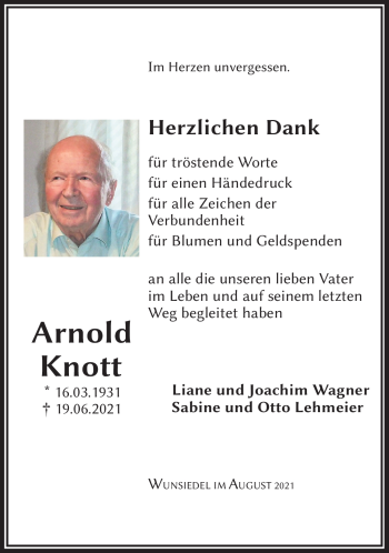 Traueranzeige von Arnold Knott von Frankenpost