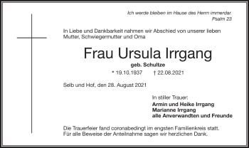 Traueranzeige von Ursula Irrgang von Frankenpost