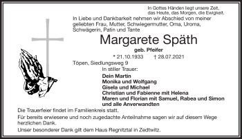 Traueranzeige von Margarethe Späth von Frankenpost