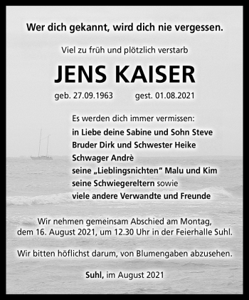 Traueranzeige von Jens Kaiser von Südthüringer Presse