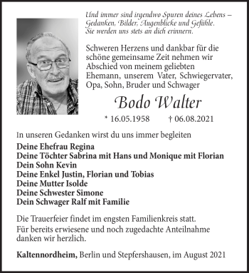 Traueranzeige von Bodo Walter von Südthüringer Presse