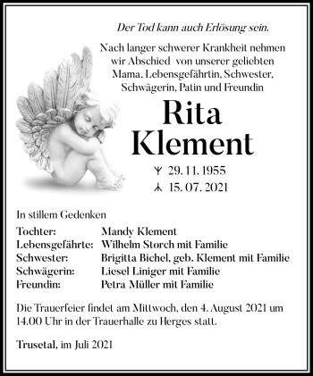 Traueranzeige von Rita Klement von Südthüringer Presse