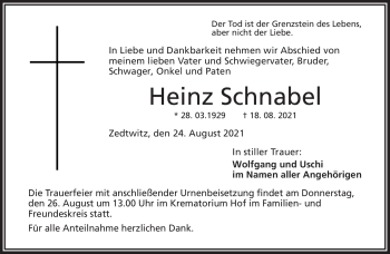 Traueranzeige von Heinz Schnabel von Frankenpost
