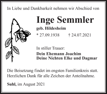 Traueranzeige von Inge Semmler von Südthüringer Presse