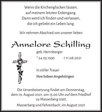 Traueranzeige von Annelore Schilling von Südthüringer Presse