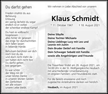 Traueranzeige von Klaus Schmidt von Südthüringer Presse