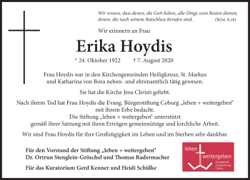 Traueranzeige von Erika Hoydis von Neue Presse Coburg