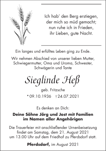 Traueranzeige von Sieglinde Heß von Südthüringer Presse