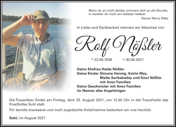 Traueranzeige von Rolf Nößler von Südthüringer Presse