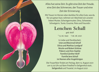 Traueranzeige von Lenchen Schall von Südthüringer Presse