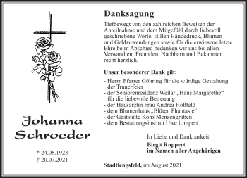 Traueranzeige von Johanna Schroeder von Südthüringer Presse