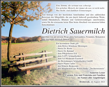 Traueranzeige von Dietrich Sauermilch von Südthüringer Presse