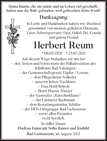 Traueranzeige von Herbert Reum von Südthüringer Presse