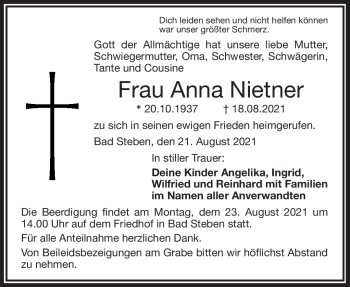 Traueranzeige von Anna Nietner von Frankenpost