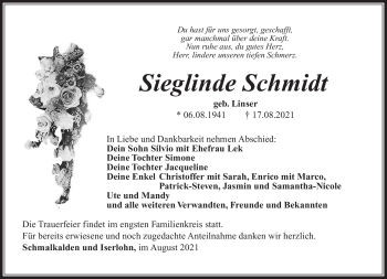 Traueranzeige von Sieglinde Schmidt von Südthüringer Presse