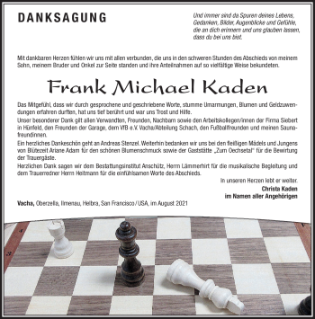 Traueranzeige von Frank Kaden von Südthüringer Presse