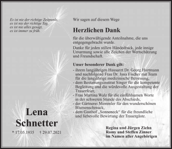 Traueranzeige von Lena Schnetter von Südthüringer Presse