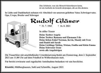 Traueranzeige von Rudolf Gläser von Südthüringer Presse