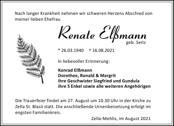 Traueranzeige von Renate Elßmann von Südthüringer Presse