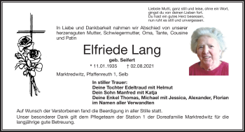 Traueranzeige von Elfriede Lang von Frankenpost